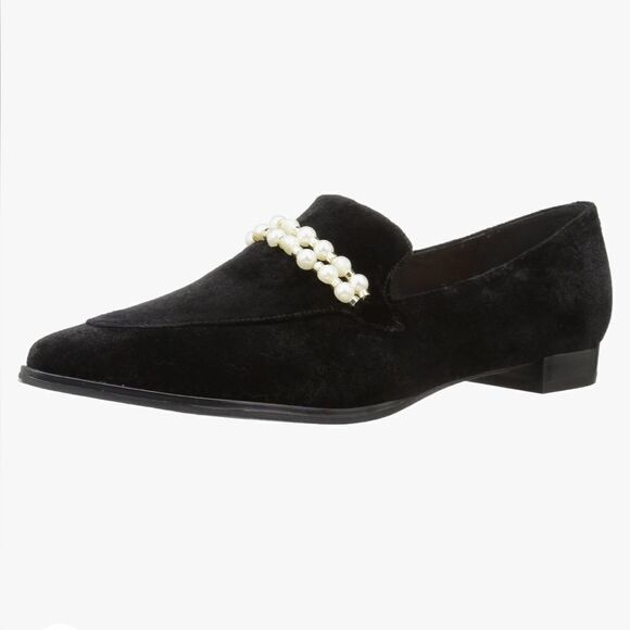 Marc Fisher Black Velvety Kneel Pearl Embellished Pointed Toe Slip On Loafer - Picture 2 of 16